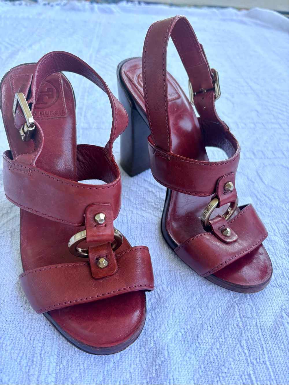 Tory Burch Burgundy Leather Block Heel Sandals with Gold Hardware